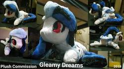 Size: 1192x670 | Tagged: safe, artist:gleamydreams, oc, oc only, pegasus, pony, blue and black, clothes, commission, compilation, hoodie, irl, multiple views, photo, plushie, ponytail, prone, red eyes
