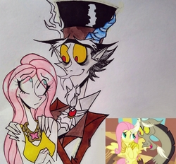 Size: 2109x1956 | Tagged: safe, artist:citi, screencap, discord, fluttershy, human, g4, keep calm and flutter on, duo, element of kindness, hat, humanized, scene interpretation, screencap reference, top hat, traditional art