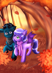 Size: 2874x4055 | Tagged: safe, artist:wild-fluff, oc, oc only, oc:midnight reverie, oc:slashing prices, bat pony, pony, unicorn, autumn, bush, clothes, couple, cutie mark, falling leaves, female, forest, leaves, male, mare, scarf, shipping, stallion, straight, tree, unshorn fetlocks, walking, wings, ych result