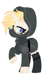 Size: 973x1633 | Tagged: safe, artist:caramelushy, artist:rukemon, oc, oc only, oc:dirty bits, pony, unicorn, base used, boots, broken horn, cloak, clothes, commission, female, freckles, heterochromia, hood, horn, mare, scar, shoes, simple background, solo, transparent background