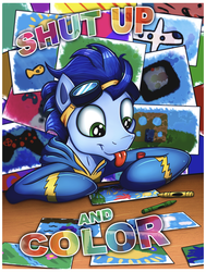 Size: 2268x3000 | Tagged: safe, artist:mattings, artist:vocalmaker, soarin', pony, g4, :p, clothes, crayon, cute, drawing, goggles, high res, hoof hold, male, poster, shut up, soarinbetes, solo, tongue out, uniform, wonderbolts uniform
