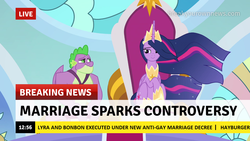 Size: 1280x720 | Tagged: safe, edit, edited screencap, screencap, bon bon, lyra heartstrings, spike, sweetie drops, twilight sparkle, alicorn, dragon, pony, g4, the last problem, break your own news, downvote bait, female, gigachad spike, homophobia, lesbian, older, older spike, op is a duck, op is trying to start shit, ship:lyrabon, shipping, text, twilight sparkle (alicorn), tyrant sparkle, winged spike, wings, wtf