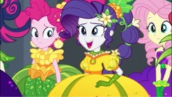 Size: 749x421 | Tagged: safe, screencap, fluttershy, pinkie pie, rarity, equestria girls, equestria girls specials, g4, my little pony equestria girls: better together, my little pony equestria girls: holidays unwrapped, o come all ye squashful, clothes, cornucopia costumes, costume, dress, female, inflatable dress, puffy sleeves
