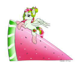 Size: 979x816 | Tagged: safe, artist:monsoonvisionz, oc, oc only, oc:watermelana, pegasus, pony, crossed hooves, female, food, freckles, fruit, giant food, gift art, gradient hooves, looking at you, mare, prone, simple background, solo, transparent background, watermelon