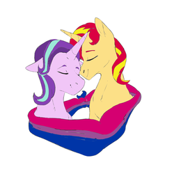 Size: 1000x1000 | Tagged: safe, artist:icicle-niceicle-1517, artist:xsugarxwolfiex, color edit, edit, starlight glimmer, sunset shimmer, pony, unicorn, g4, bisexual, bisexual pride flag, collaboration, colored, cute, eyes closed, female, glimmerbetes, lesbian, mare, pride, pride flag, shimmerbetes, ship:shimmerglimmer, shipping, simple background, white background