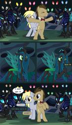 Size: 1418x2451 | Tagged: safe, artist:wheatley r.h., derpibooru exclusive, derpy hooves, doctor whooves, queen chrysalis, time turner, changeling, earth pony, pegasus, pony, g4, asylum of the daleks, bowtie, changeling armor, changeling guard, changeling hive, eyes in the dark, female, male, mane, mare, stallion, vector, watermark