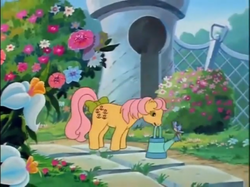 Size: 772x577 | Tagged: safe, screencap, posey, bird, fugitive flowers, g1, my little pony 'n friends, bow, cute, flower, garden, poseybetes, tail bow, watering can