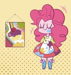 Size: 1359x1429 | Tagged: safe, artist:typhwosion, pinkie pie, equestria girls, g4, canvas, cupcake, cute, diapinkes, eyes closed, female, food, hands behind back, paint, painting, solo