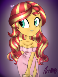 Size: 1536x2048 | Tagged: safe, artist:artmlpk, sunset shimmer, equestria girls, g4, bare shoulders, clothes, cute, design, dress, fashion, female, party dress, purse, shimmerbetes, solo