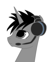 Size: 823x960 | Tagged: safe, artist:ruchiyoto, oc, oc only, oc:black cross, pony, unicorn, headphones, male, microphone, profile picture, simple background, solo, stallion, white background