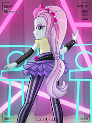 Size: 618x822 | Tagged: dead source, safe, artist:charliexe, violet blurr, equestria girls, g4, my little pony equestria girls: rainbow rocks, bedroom eyes, camcorder, clothes, female, leggings, legs, looking at you, looking back, looking back at you, looking over shoulder, miniskirt, recording, skirt, smiling, smirk, solo