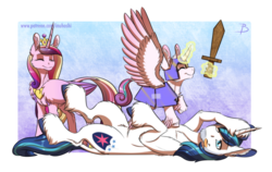 Size: 1840x1163 | Tagged: safe, artist:inuhoshi-to-darkpen, princess cadance, princess flurry heart, shining armor, alicorn, pony, unicorn, g4, best dad ever, cardboard, cheek fluff, chest fluff, cute, cutedance, cutie mark, ear fluff, equestria's best father, eyes closed, family, father and daughter, female, filly, flurrybetes, glowing, glowing horn, horn, levitation, magic, magic aura, male, mare, older, older flurry heart, playful, playing dead, pretend, shining adorable, smiling, stallion, telekinesis, tongue out, unshorn fetlocks, warrior flurry heart, wholesome, wooden sword