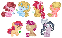 Size: 625x391 | Tagged: safe, artist:midnightmuffinda, artist:selenaede, oc, oc:bubble blast, oc:charity cupcake, oc:frostbite, oc:fruit fly, oc:jazz apple, oc:lightning shimmer, oc:nugget, pony, baby, base used, big bow, bow, eyes closed, hair bow, hair covering face, happy, hooves out, next generation, offspring, open mouth, parent:apple bloom, parent:applejack, parent:big macintosh, parent:donut joe, parent:featherweight, parent:fluttershy, parent:pinkie pie, parent:scootaloo, parent:tender taps, parent:trouble shoes, parents:fluttermac, parents:pinkiejoe, parents:scootaweight, parents:tenderbloom, parents:tiarumble, parents:troublejack, sitting, smiling, standing