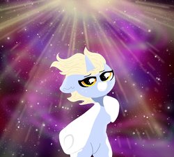 Size: 1640x1480 | Tagged: safe, artist:nootaz, oc, oc only, oc:nootaz, pony, unicorn, bipedal, female, looking at you, mare, nootvember, nootvember 2019, solo, space, space background, windswept mane