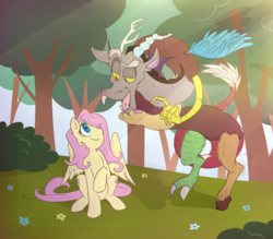 Size: 1280x1120 | Tagged: safe, artist:slightly-gay-pogohammer, discord, fluttershy, draconequus, pegasus, pony, g4, crepuscular rays, cute, discute, duo, female, forest, hair over one eye, looking at each other, mare, outdoors, shyabetes, sitting, smiling, spread wings, wings