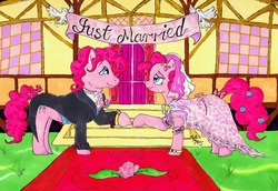 Size: 1250x862 | Tagged: safe, artist:dusketh, pinkie pie, bird, dove, g4, bubble berry, clothes, dress, female, flower, flower in tail, male, marriage, rule 63, self ponidox, selfcest, ship:bubblepie, shipping, straight, town hall, traditional art, tuxedo, wedding, wedding dress