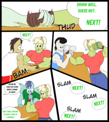 Size: 3160x3560 | Tagged: safe, artist:matchstickman, granny smith, oc, unnamed oc, earth pony, pegasus, anthro, comic:free cider, g4, anthro oc, arm wrestling, back muscles, biceps, breasts, busty granny smith, cider, clothes, deltoids, dialogue, drinking, female, flashback, gloves, granny smash, high res, male, mare, muscles, onomatopoeia, shirt, simple background, speech bubble, stallion, sweat, white background, young granny smith, younger