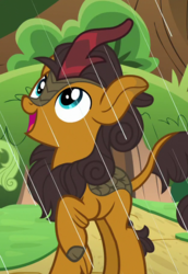 Size: 620x900 | Tagged: safe, screencap, pumpkin smoke, kirin, g4, sounds of silence, cropped, cute, happy, looking up, male, open mouth, rain, raised hoof, solo