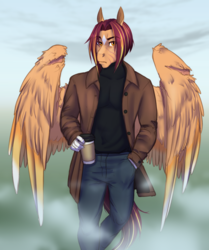 Size: 2135x2550 | Tagged: safe, artist:askbubblelee, oc, oc only, oc:sunstreak quartz, pegasus, anthro, anthro oc, clothes, coat, coffee cup, cup, digital art, high res, scar, solo, sweater