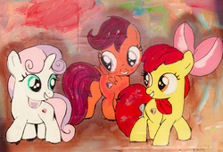 Size: 1762x1200 | Tagged: safe, artist:aquilateagle, apple bloom, scootaloo, sweetie belle, earth pony, pegasus, pony, unicorn, g4, butt, cardboard, cutie mark crusaders, painting, plot, scootabutt