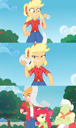Size: 1600x2684 | Tagged: safe, edit, edited screencap, screencap, apple bloom, applejack, big macintosh, granny smith, equestria girls, equestria girls series, g4, holidays unwrapped, the cider louse fools, spoiler:eqg series (season 2), angry, apple, apple tree, clenched fist, comic, crossed arms, frustrated, orchard, screencap comic, throwing, toilet paper, tree, unamused, upset