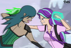Size: 2520x1719 | Tagged: safe, artist:banquo0, queen chrysalis, starlight glimmer, human, g4, the ending of the end, anime, anime style, clothes, duo, fight, glowing hands, humanized, magic, necktie, starlight vs chrysalis