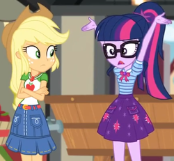 Size: 972x900 | Tagged: safe, edit, edited screencap, screencap, applejack, sci-twi, twilight sparkle, equestria girls, equestria girls series, g4, holidays unwrapped, the cider louse fools, spoiler:eqg series (season 2), applejack's hat, applejack's skirt, armpits, arms in the air, belt, bowtie, clothes, cowboy hat, cropped, crossed arms, cutie mark on clothes, denim skirt, duo, freckles, geode of super strength, geode of telekinesis, glasses, hat, jewelry, legs together, magical geodes, necklace, pendant, polo shirt, ponytail, sci-twi skirt, shirt, skirt, stetson, t-shirt, tub