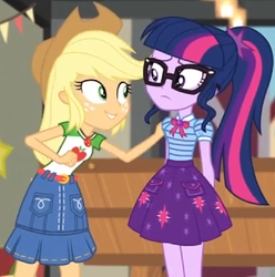 Size: 892x900 | Tagged: safe, edit, edited screencap, screencap, applejack, sci-twi, twilight sparkle, equestria girls, equestria girls series, g4, holidays unwrapped, the cider louse fools, spoiler:eqg series (season 2), applejack's hat, belt, bowtie, clothes, cowboy hat, cropped, cutie mark on clothes, denim skirt, freckles, geode of super strength, geode of telekinesis, glasses, hat, legs together, magical geodes, miniskirt, ponytail, sci-twi skirt, skirt, stetson
