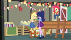 Size: 1600x900 | Tagged: safe, screencap, apple bloom, applejack, sci-twi, twilight sparkle, equestria girls, equestria girls specials, g4, my little pony equestria girls: better together, my little pony equestria girls: holidays unwrapped, apple, banner, container, door, female, food, funnel, hay bale, ladder, lantern, popcorn, stars, stomping, tub