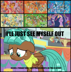 Size: 1134x1154 | Tagged: safe, edit, edited screencap, screencap, angel bunny, apple bloom, autumn blaze, babs seed, berry punch, berryshine, big macintosh, bon bon, bow hothoof, braeburn, bright mac, burnt oak, capper dapperpaws, cattail, cheerilee, cheese sandwich, cherry jubilee, clear sky, cloudy quartz, coco pommel, coloratura, cotton (g4), daring do, derpy hooves, diamond tiara, discord, doctor fauna, doctor muffin top, flam, flash magnus, flash sentry, flim, gabby, gallus, garble, gummy, hoity toity, igneous rock pie, iron will, limestone pie, little strongheart, lyra heartstrings, marble pie, matilda, maud pie, mayor mare, meadowbrook, mistmane, moondancer, night glider, nurse redheart, ocellus, owlowiscious, pear butter, pipsqueak, plaid stripes, posey shy, pound cake, prince rutherford, princess ember, pumpkin cake, quibble pants, rockhoof, roseluck, rumble, saffron masala, sandbar, sassy saddles, scootaloo, silver spoon, silverstream, sky stinger, smolder, snails, snips, somnambula, spitfire, spur, star swirl the bearded, starlight glimmer, stygian, sugar belle, sunburst, sunset shimmer, sweetie belle, sweetie drops, tank, thunderlane, tree hugger, trouble shoes, twilight sparkle, twinkle (g4), twirly, twist, vapor trail, wind sprint, windy whistles, winona, yona, zephyr breeze, zippoorwhill, alicorn, alligator, bison, breezie, buffalo, dog, draconequus, dragon, earth pony, pegasus, pony, rabbit, yak, g4, growing up is hard to do, the last problem, animal, cake twins, caption, cutie mark crusaders, everycreature, everypony, flim flam brothers, image macro, pillars of equestria, siblings, student six, text, they forgot about me, twilight sparkle (alicorn), twins, unnamed breezie, unnamed character, walking away, wall of tags, wrong