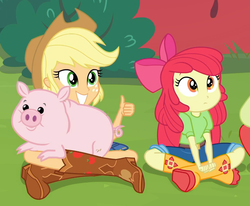 Size: 1218x1002 | Tagged: safe, screencap, apple bloom, applejack, granny smith, pig, equestria girls, equestria girls specials, g4, my little pony equestria girls: better together, my little pony equestria girls: holidays unwrapped, the cider louse fools, adorabloom, apple bloom's bow, apple sisters, applejack's hat, boots, bow, cowboy boots, cowboy hat, cropped, crossed legs, cute, duo focus, female, grin, hair bow, hat, jackabetes, offscreen character, shoes, siblings, sisters, sitting, smiling, thumbs up
