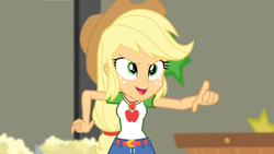 Size: 1600x900 | Tagged: safe, screencap, applejack, equestria girls, equestria girls series, g4, holidays unwrapped, the cider louse fools, spoiler:eqg series (season 2), applejack's hat, belt, clothes, cowboy hat, denim skirt, determined, female, geode of super strength, hat, magical geodes, pointing, skirt, solo