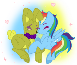 Size: 611x516 | Tagged: safe, artist:aishyu, rainbow dash, pegasus, pony, rabbit, g4, animal, animatronic, base used, blushing, bowtie, chest fluff, crossover, crossover shipping, eyes closed, female, five nights at freddy's, heart, male, mare, rainbowtrap, scar, shipping, springtrap, straight