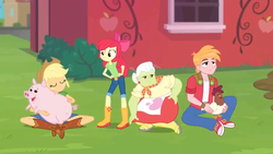Size: 1600x900 | Tagged: safe, screencap, apple bloom, applejack, big macintosh, granny smith, bird, chicken, pig, equestria girls, equestria girls specials, g4, my little pony equestria girls: better together, my little pony equestria girls: holidays unwrapped, the cider louse fools, apple family, apple sisters, barn, belt, boots, bow, bush, clothes, converse, cowboy hat, denim skirt, freckles, hand on hip, hat, jeans, miniskirt, pants, rooster, shoes, siblings, sisters, sitting, skirt, standing, stetson, window