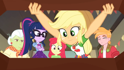 Size: 1600x900 | Tagged: safe, screencap, apple bloom, applejack, big macintosh, granny smith, sci-twi, twilight sparkle, equestria girls, equestria girls specials, g4, my little pony equestria girls: better together, my little pony equestria girls: holidays unwrapped, bandana, banner, belt, bowtie, chest, clothes, cowboy hat, eyes closed, freckles, geode of super strength, glasses, hat, magical geodes, pocket, ponytail, skirt, stetson