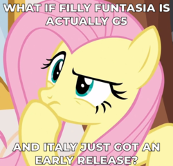 Size: 743x717 | Tagged: safe, edit, edited screencap, screencap, fluttershy, pegasus, pony, discordant harmony, g4, cropped, female, filly (dracco), filly funtasia, g5 speculation, implied filly funtasia, italy, mare, meme, question, solo, text, thinking