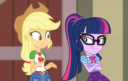 Size: 1560x996 | Tagged: safe, screencap, applejack, sci-twi, twilight sparkle, equestria girls, equestria girls series, g4, holidays unwrapped, the cider louse fools, spoiler:eqg series (season 2), applejack's hat, belt, clothes, cowboy hat, cropped, crossed arms, denim skirt, duo, duo female, female, freckles, geode of super strength, geode of telekinesis, glasses, hat, magical geodes, miniskirt, ponytail, sci-twi is best facemaker, skirt, smiling, smug, smuglight sparkle, stetson