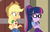 Size: 1560x996 | Tagged: safe, screencap, applejack, sci-twi, twilight sparkle, equestria girls, equestria girls specials, g4, my little pony equestria girls: better together, my little pony equestria girls: holidays unwrapped, the cider louse fools, applejack's hat, belt, clothes, cowboy hat, cropped, crossed arms, denim skirt, duo, duo female, female, freckles, geode of super strength, geode of telekinesis, glasses, hat, magical geodes, miniskirt, ponytail, sci-twi is best facemaker, skirt, smiling, smug, smuglight sparkle, stetson