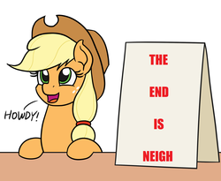 Size: 1100x900 | Tagged: safe, artist:mkogwheel edits, applejack, earth pony, pony, g4, applejack's sign, bronybait, cute, daaaaaaaaaaaw, female, howdies in the comments, howdy, jackabetes, meme, neigh, sign, smiling, solo, the end is neigh, weapons-grade cute