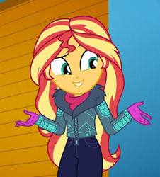 Size: 976x1080 | Tagged: safe, screencap, sunset shimmer, equestria girls, equestria girls specials, g4, my little pony equestria girls: better together, my little pony equestria girls: holidays unwrapped, winter break-in, clothes, cropped, cute, female, gloves, huggable, jacket, self-storage facility, shimmerbetes, smiling, solo, winter jacket, winter outfit