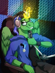 Size: 3000x4000 | Tagged: safe, artist:lupiarts, oc, oc only, oc:thunder speak, alicorn, anthro, alicorn oc, clothes, commission, glasses, hoodie, magic, male, microphone, pants, recording booth, smiling, solo, wristband