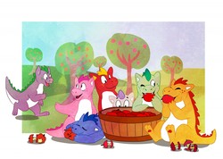 Size: 1280x910 | Tagged: safe, artist:mellise, fiery, flash (g1), prickles, smokey, sparks (g1), spike (g1), spiny, dragon, g1, apple, apple basket, apple tree, eating, food, pale belly, tree