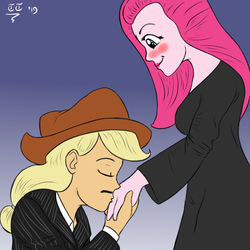 Size: 2000x2000 | Tagged: safe, artist:tomtornados, applejack, pinkie pie, equestria girls, g4, blushing, clothes, commission, cosplay, costume, female, gomez addams, halloween, high res, holiday, kissing, lesbian, morticia addams, ship:applepie, shipping, the addams family