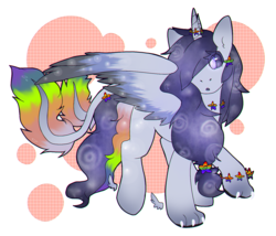 Size: 1369x1170 | Tagged: safe, artist:pomrawr, oc, oc only, alicorn, original species, pony, abstract background, alicorn oc, eye clipping through hair, paws, rainbow tail, solo, two tails