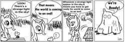 Size: 2812x949 | Tagged: safe, artist:avchonline, trixie, bird, pony, unicorn, g4, bedsheet ghost, comic, crossover, dialogue, exclamation point, female, lineart, mare, monochrome, peanuts (comic), sitting, woodstock (peanuts)