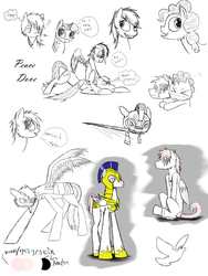 Size: 1200x1600 | Tagged: safe, artist:didun850, twilight sparkle, oc, oc:peace dove, earth pony, pegasus, pony, unicorn, g4, angry, armor, bust, female, hoof shoes, lineart, male, mare, mouth hold, on back, reference sheet, royal guard, stallion, story included, sword, thought bubble, unicorn twilight, weapon