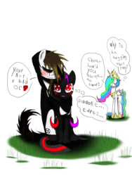 Size: 1200x1600 | Tagged: safe, artist:didun850, princess celestia, oc, oc:chase, oc:darkness darkblade, alicorn, pony, g4, angry, blushing, clothes, confused, cross-popping veins, dialogue, female, heart, hoodie, hoof shoes, hug, male, mare, oc x oc, shipping, simple background, stallion, thought bubble, transparent background