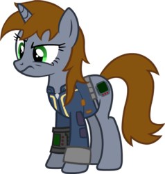 Size: 692x726 | Tagged: safe, artist:raindashesp, oc, oc only, oc:littlepip, pony, unicorn, fallout equestria, clothes, fanfic, fanfic art, female, hooves, horn, jumpsuit, mare, pipbuck, simple background, solo, transparent background, vault suit