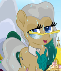 Size: 584x679 | Tagged: safe, artist:spookitty, mayor mare, pony, g4, cropped, female, game, game screencap, glasses, looking at you, mare, movie accurate, pony tale adventures, ponyville, show accurate, solo, visual novel, water, wet, wet mane