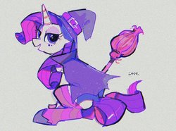 Size: 1024x761 | Tagged: safe, artist:poneko-chan, rarity, pony, unicorn, g4, broom, clothes, costume, female, halloween, halloween costume, hat, mare, socks, solo, striped socks, witch hat